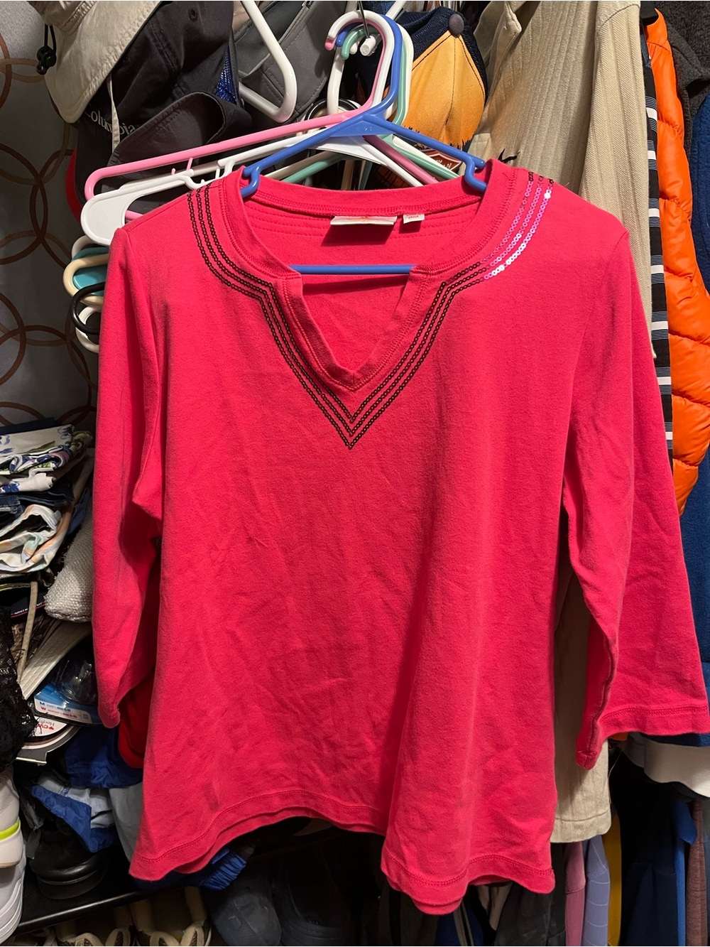 Quacker Factory Bright Pink Split V-Neck Long Sleeve Top